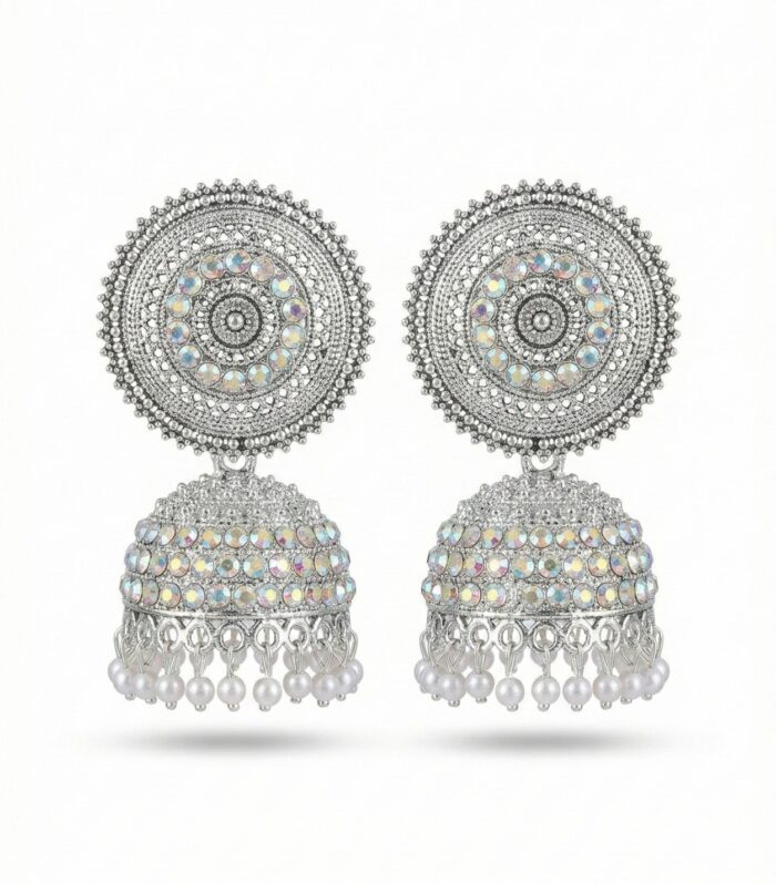 Mandala Muse Oxidized Jhumkas with Iridescent Stones & Pearl Drops