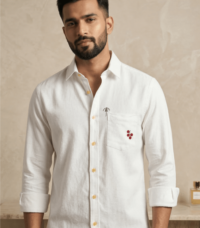 Reet & Rhythm Ivory Heritage Shirt – Minimal Embroidered Premium Cotton Shirt for Men